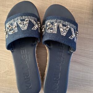 Karl Lagerfeld Navy Slides with Pearl Accents